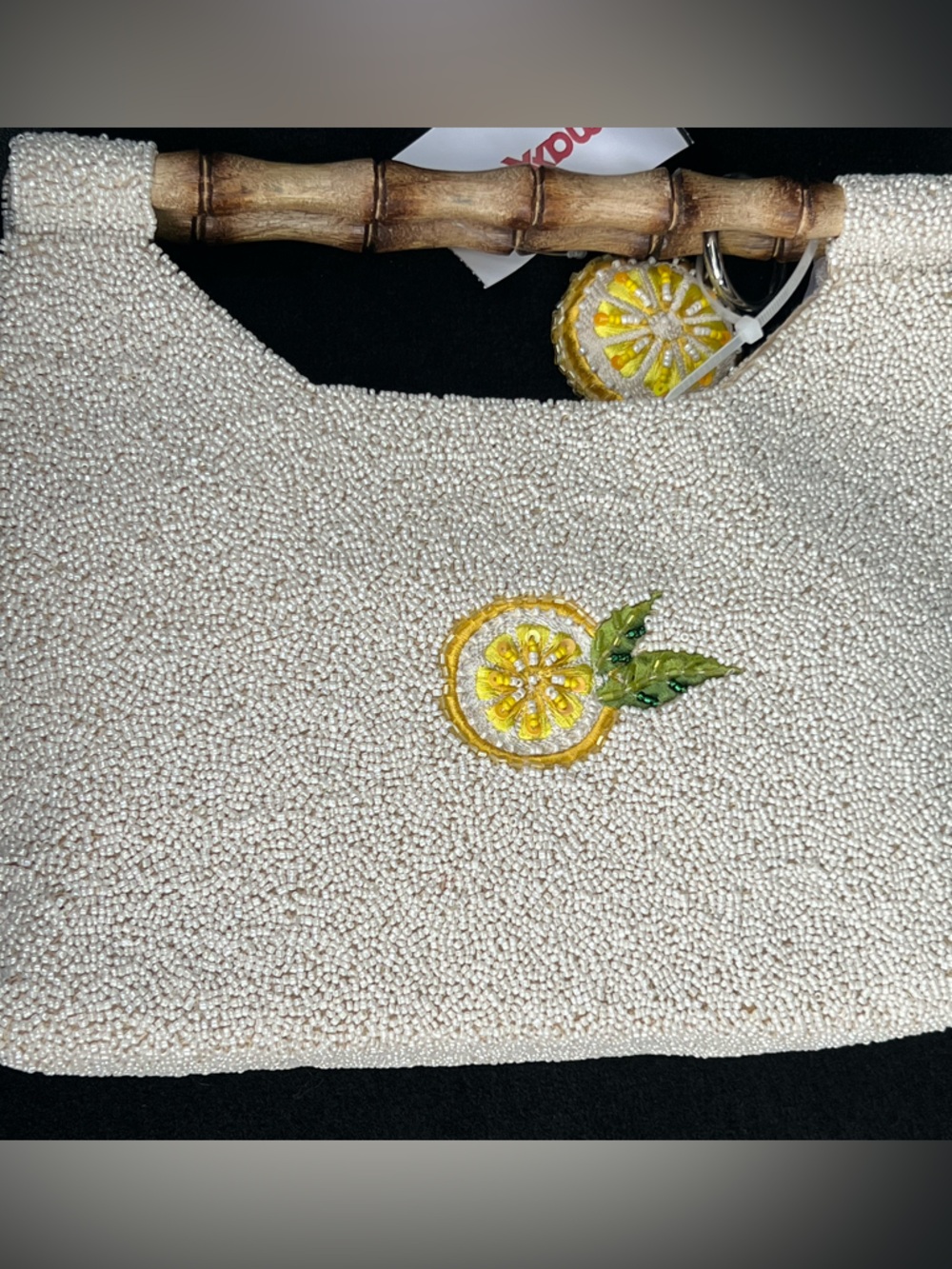Viral Beaded Lemon Embroidered Clutch with Bamboo Handle Yellow & Cream Italian - Picture 7 of 7